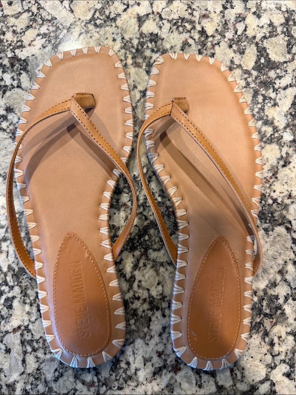 Never worn Steve Madden Tan Leather Whipstitch Thong Sandals